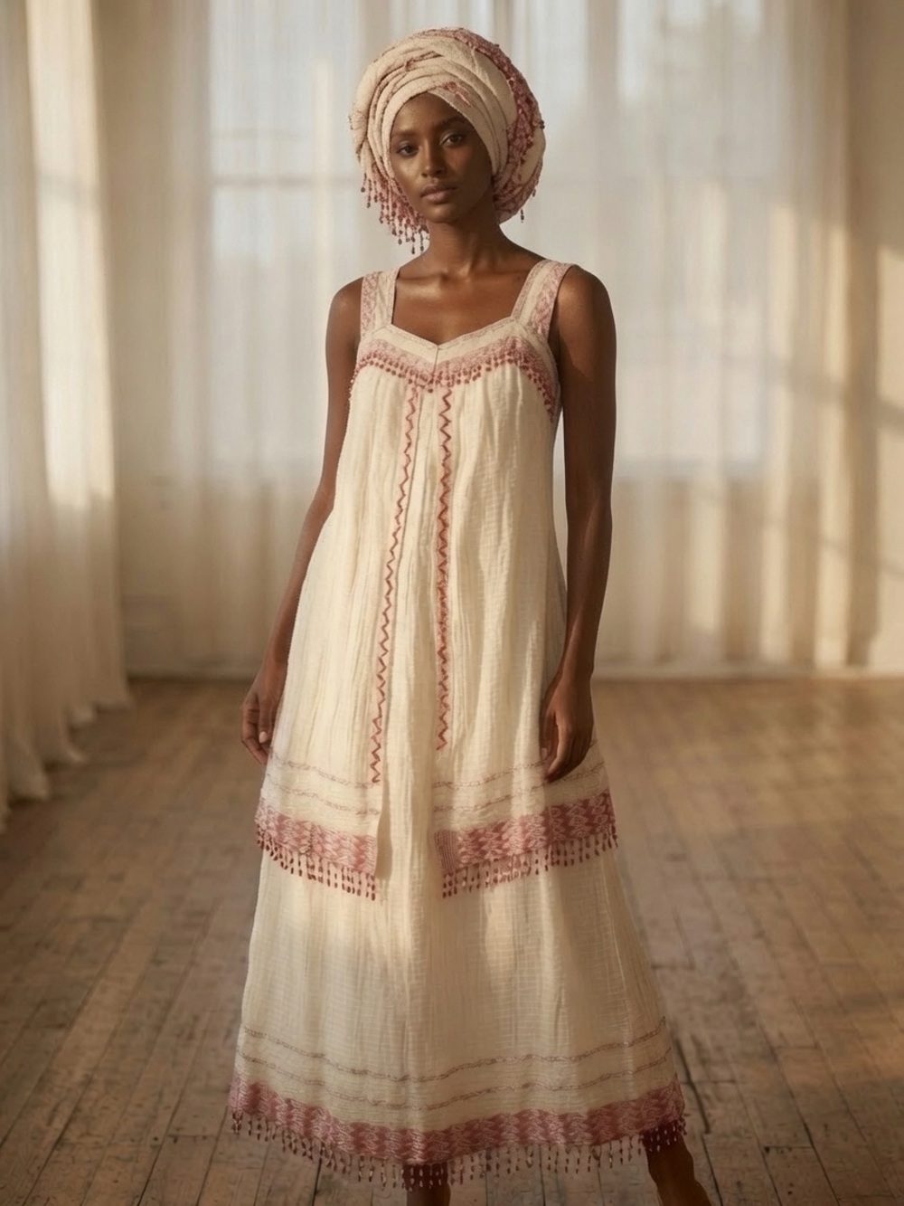 Vintage Ethiopian Handmade Traditional Dress and Wrap Ivory Embroidered Maxi